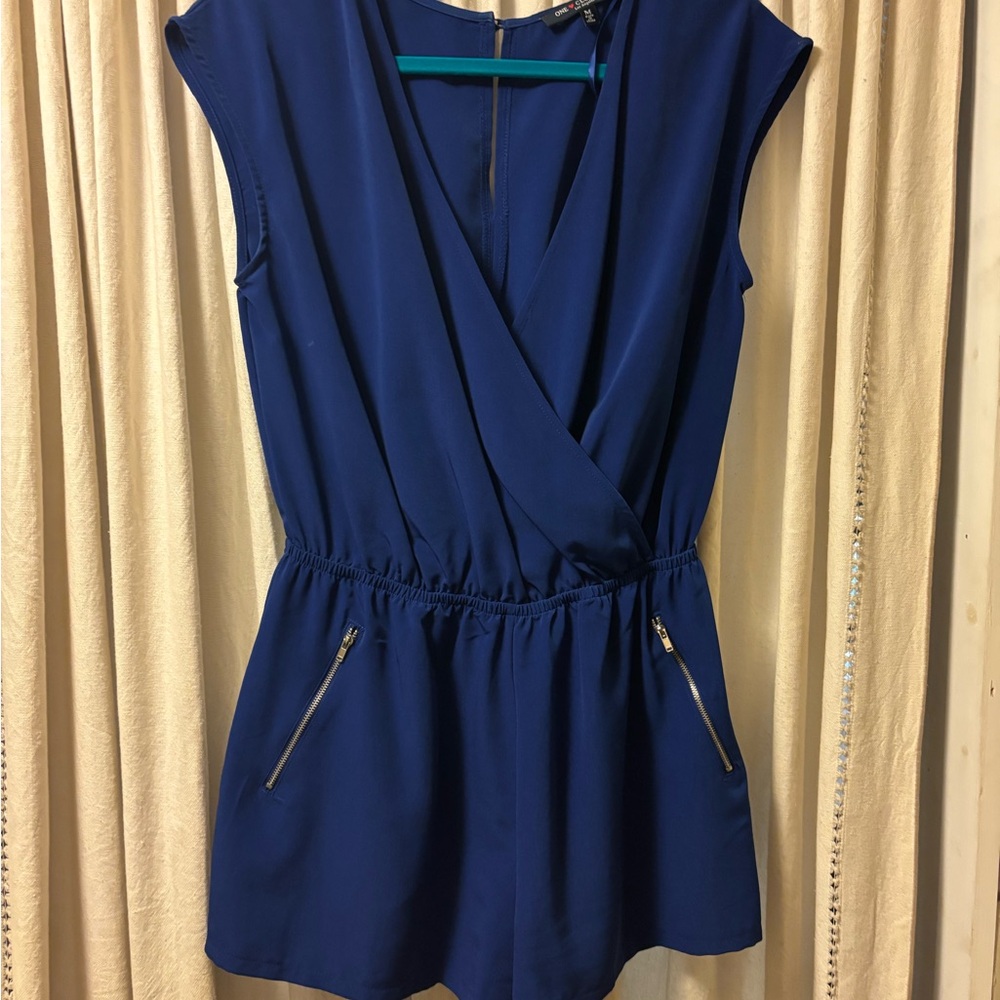 Blue Sleeveless Romper with Zipper Pockets